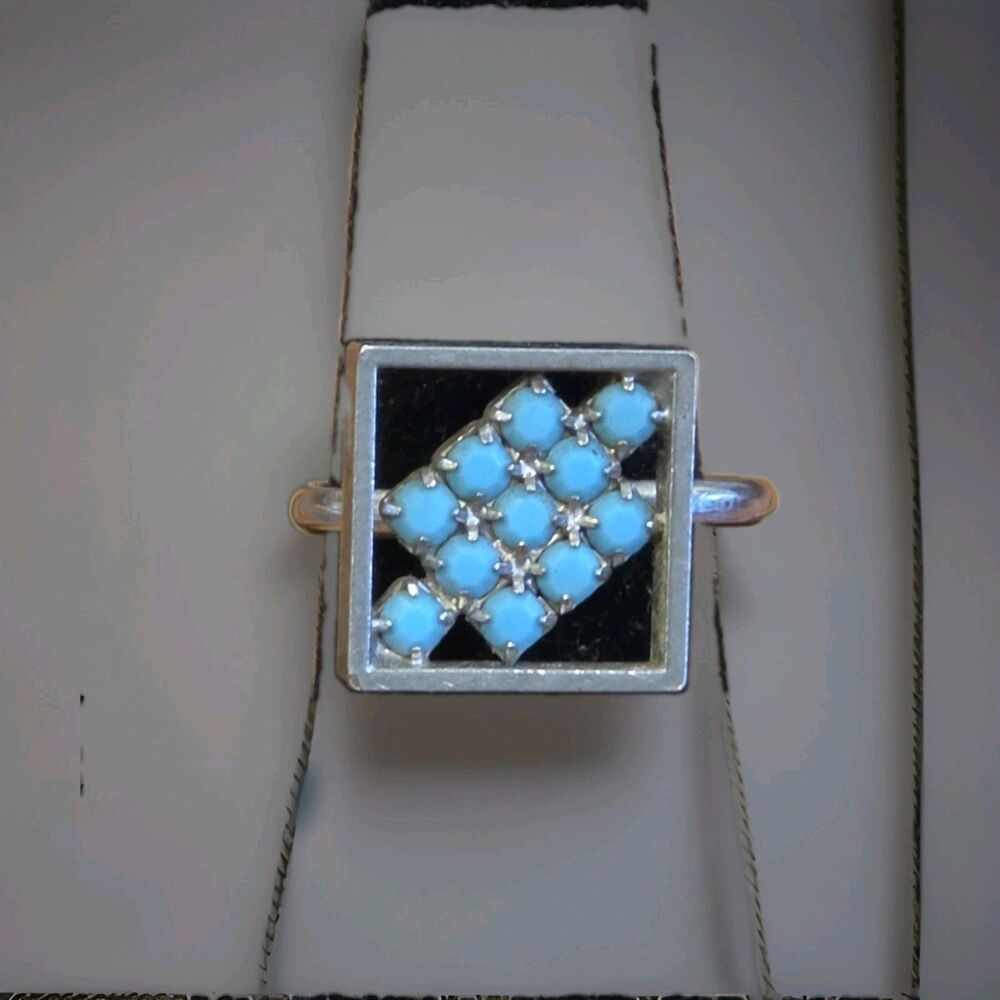 Vintage Modernist Silver Tone Turquoise Cluster Open Square Geometric Ring 7.5